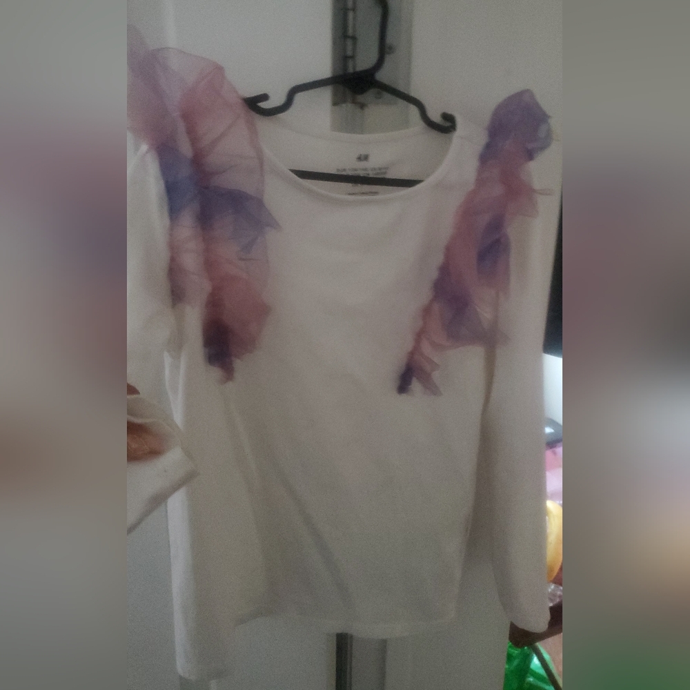 H&M White Long Sleeve Top with Pink and Purple Ruffle Shoulders